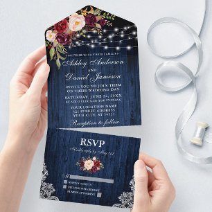 Invitation Tout En Un Dentelle Rustique Mariage Floral Bleu Bois