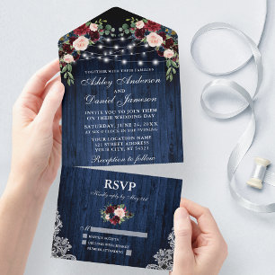 Invitation Tout En Un Dentelle Rustique Mariage Floral Bleu Bois