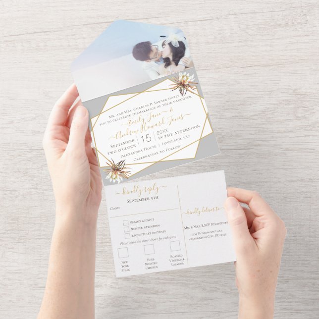 Invitation Tout En Un Desert Cactus Mariage de cadre géométrique or (Déchirure)