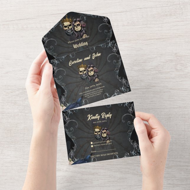 Invitation Tout En Un Design mariage gothique foncé avec crânes (Déchirure)