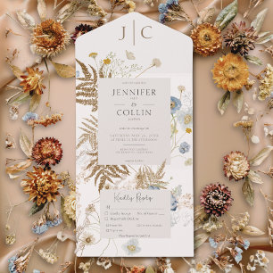 Invitation Tout En Un Dîner à la crème Monogram Fleur sauvage rustique