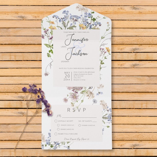 Invitation Tout En Un Dîner blanc Fleur sauvage Boho (Delicate Boho Wildflowers White Dinner All In One Invitation)
