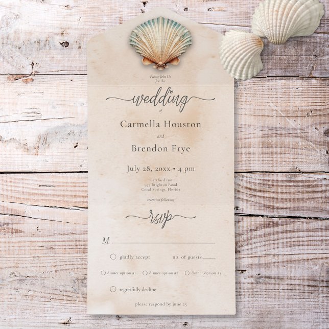 Invitation Tout En Un Dîner D'Aquarelle Moderne De Coquillages De Sable (Modern Coastal Seashell Sand Watercolor Dinner All In One Invitation)