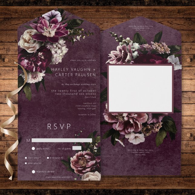 Invitation Tout En Un Dîner floral blanc et bordeaux foncé (Dark Elegant Burgundy & White Floral Dinner All In One Invitation)