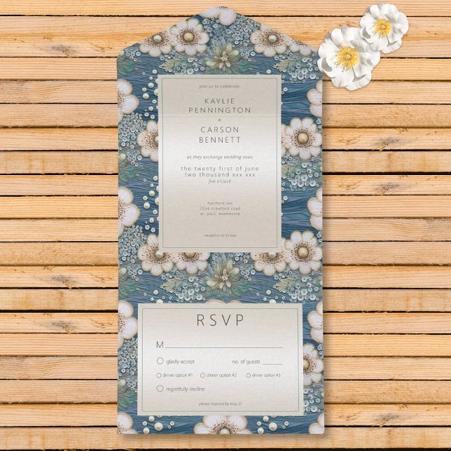 Invitation Tout En Un Dîner Floral Océan Moderne Satin & Perles (Modern Ocean Floral Satin & Pearls Dinner All In One Invitation)