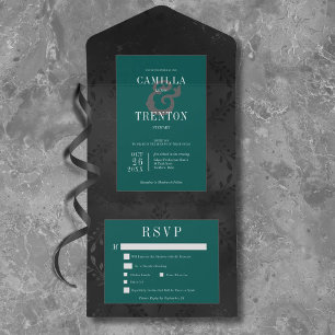 Invitation Tout En Un Dîner Gothique Noir et Turquoise Floral Satin