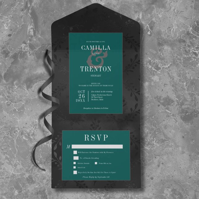 Invitation Tout En Un Dîner Gothique Noir et Turquoise Floral Satin (Créateur téléchargé)