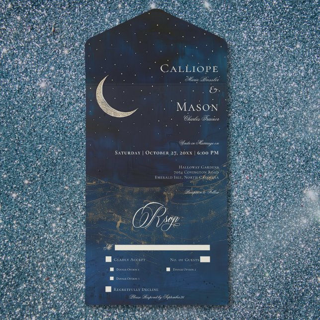 Invitation Tout En Un Dîner Mariage Céleste Blue Crescent Moon (Celestial Blue Crescent Moon Wedding Dinner All In One Invitation)