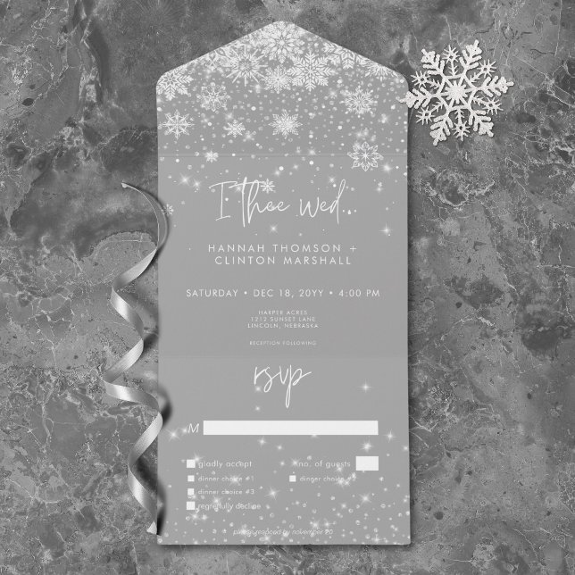 Invitation Tout En Un Dîner Mariage de Snowflakes blanc moderne (Modern White Sparkle Snowflakes Wedding Dinner All In One Invitation)