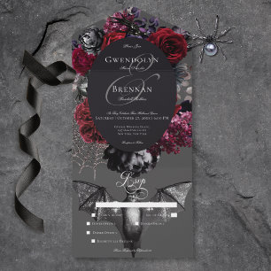 Invitation Tout En Un Dîner Mariage Fleur Gris d'Halloween foncé