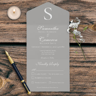 Invitation Tout En Un Dîner moderne Monogram Silver Grey