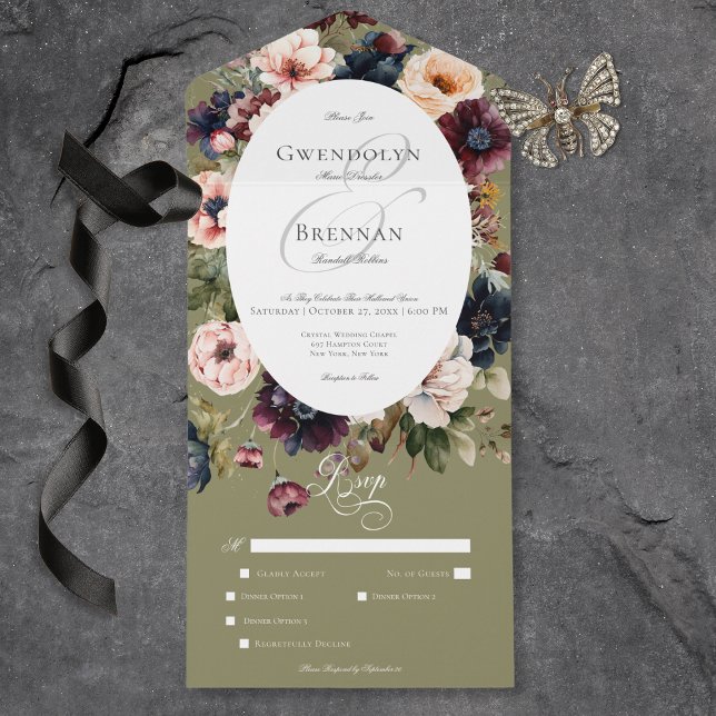 Invitation Tout En Un Dîner Moody Vert Ovale Floral Dark (Dark Moody Green Oval Floral Frame Dinner All In One Invitation)