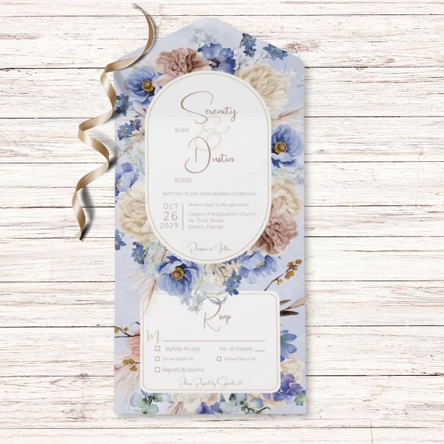 Invitation Tout En Un Dîner Peri Blue Boho Fleurs & Grasses (Also available with a QR code or without dinner options.)