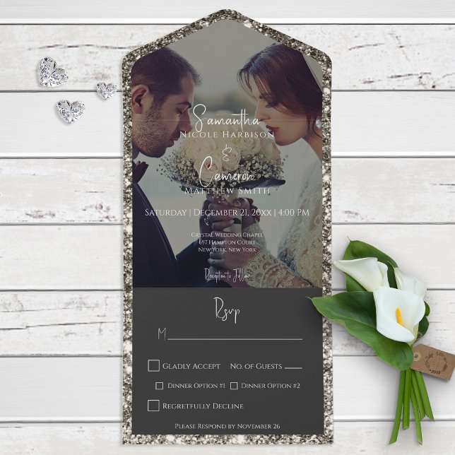 Invitation Tout En Un Dîner photo Parties scintillant argent moderne (Créateur téléchargé)