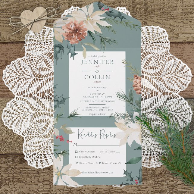 Invitation Tout En Un Dîner Rustique Pine de Noël Sage Vert (Créateur téléchargé)