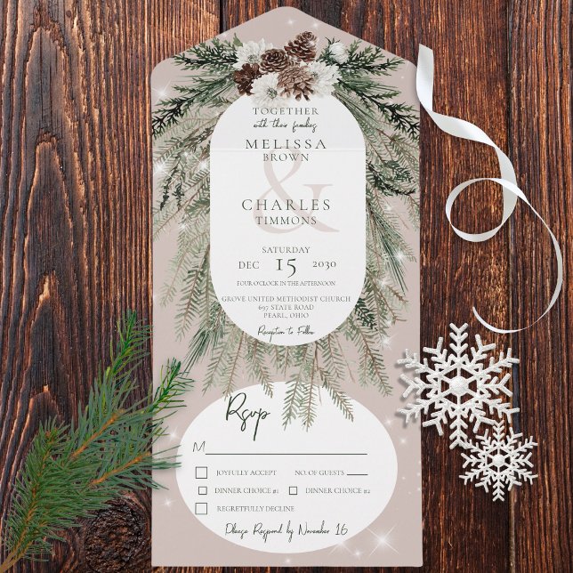 Invitation Tout En Un Dîner Rustique Tan Pine Winter Étincelant (Also available with a QR code or without dinner selection options.)
