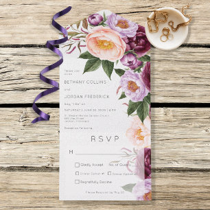 Invitation Tout En Un Dîner vintage Maroon Lavender & Peach Peonies