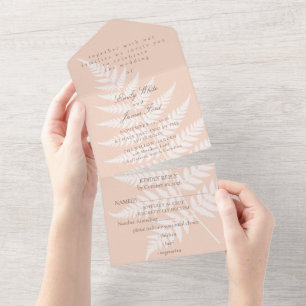 Invitation Tout En Un Douce Mariage Élégant Fougère Blanche Pêche