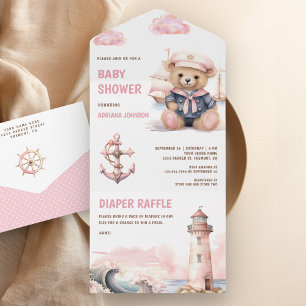 Invitation Tout En Un Douce Ourson Rose Tendresse Fille Marin Bébé Showe