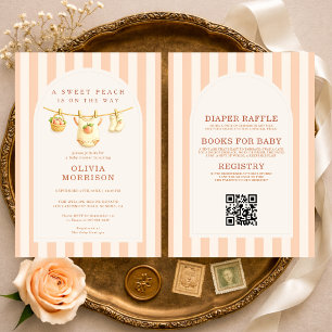 Invitation Tout en Un Douces Rayures de Pêche Baby Shower