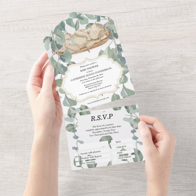 Invitation Tout En Un Douche nuptiale eucalyptus verdure feuillage bébé  (Déchirure)