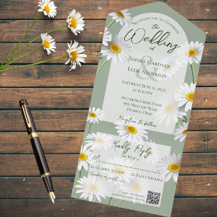 Invitation Tout En Un Doux marguerites sur Sage Green avec code QR