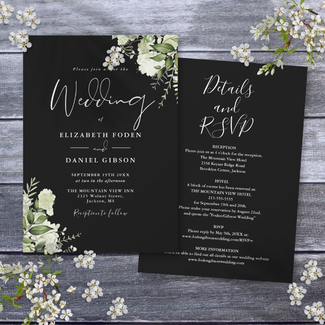 Invitation Tout En Un Duisy Noir Et Blanc Mariage De Verdure (All In One Dusty Black And White Greenery Wedding Invitation)