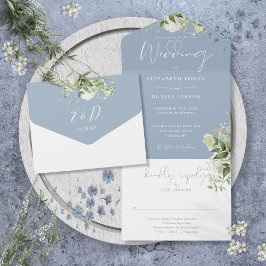 Invitation Tout En Un Dusty Bleu Botanique Verdure Monogramme Mariage