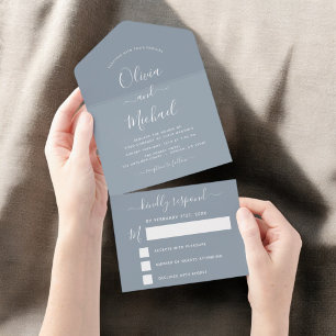 Invitation Tout En Un Dusty Bleu Simple Mariage Typographie moderne RSVP