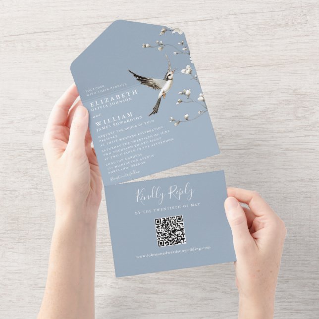 Invitation Tout En Un Dusty Blue Chinoiserie Floral QR Code Mariage (Déchirure)