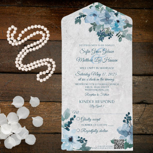 Invitation Tout En Un Dusty Blue Country Floral QR Code