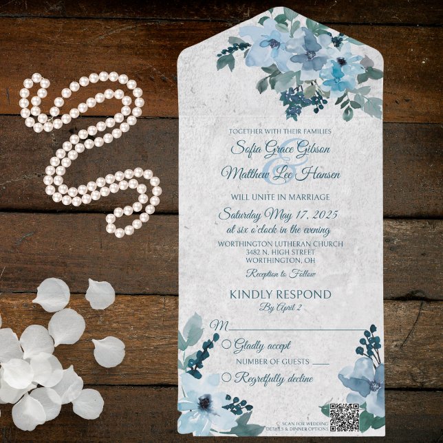 Invitation Tout En Un Dusty Blue Country Floral QR Code (Créateur téléchargé)