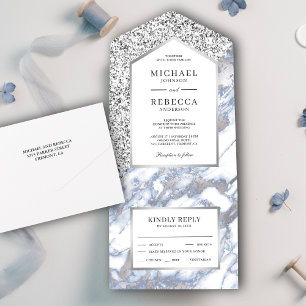 Invitation Tout En Un Dusty Blue et Faux Silver Parties scintillant Marb
