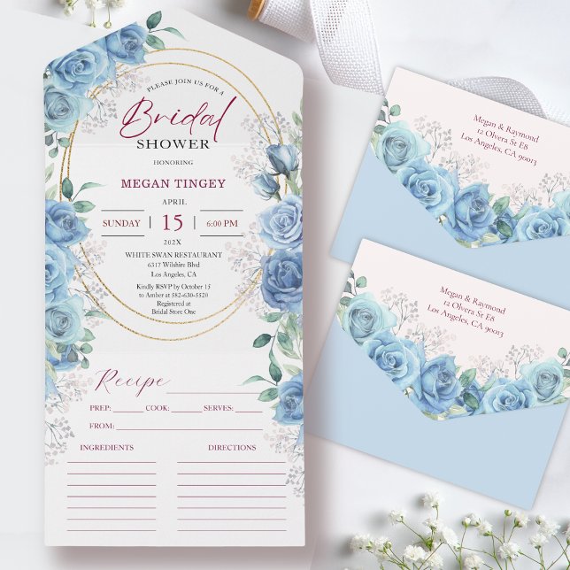 Invitation Tout En Un Dusty Blue Fête des mariées Blue Roses Recette (Créateur téléchargé)