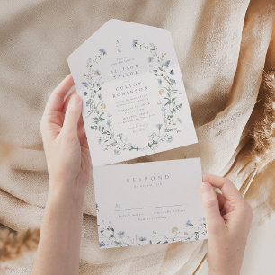 Invitation Tout En Un Dusty Blue Fleur sauvage Rustic Boho Mariage monog