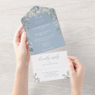 Invitation Tout En Un Dusty Blue Floral Greenery String Mariage