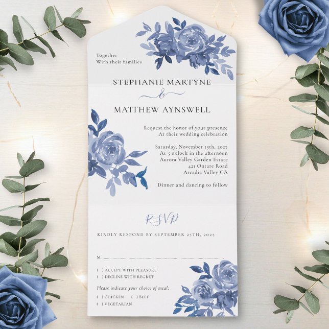 Invitation Tout En Un Dusty Blue Floral Rose Mariage de feuillage (Créateur téléchargé)