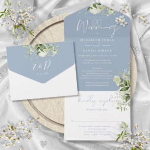 Invitation Tout En Un Dusty Blue Greenery Détails Floral RSVP Mariage