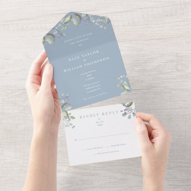 Invitation Tout En Un Dusty Blue Greenery Floral Mariage (Déchirure)