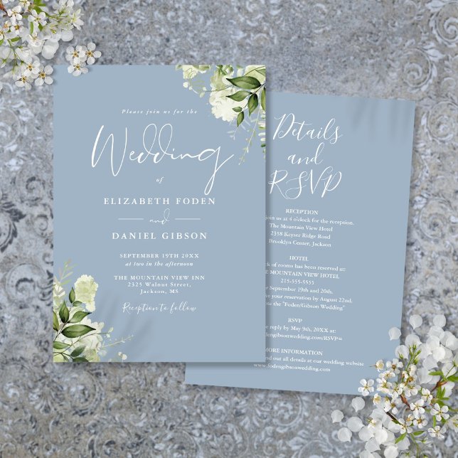 Invitation Tout en un Dusty Blue Greenery Mariage Floral (All In One Dusty Blue Greenery Floral Wedding Invitation)