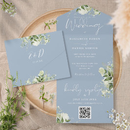 Invitation Tout En Un Dusty Blue Greenery QR Code Monogramme Mariage