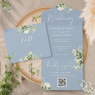 Invitation Tout En Un Dusty Blue Greenery QR Code Monogramme Mariage