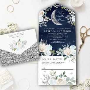 Invitation Tout En Un Dusty Blue Ivory Floral Boho Moon Navy Baby shower