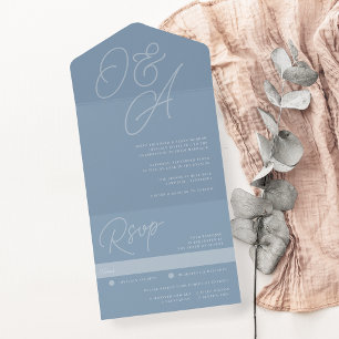 Invitation Tout En Un Dusty Blue   Mariage de monogramme de filigrane de