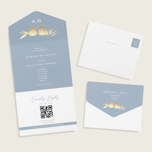 Invitation Tout En Un Dusty Blue Monogram QR Wedding (Créateur téléchargé)