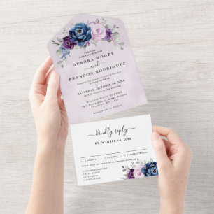 Invitation Tout En Un Dusty Blue Purple Navy Lilac Blooms Mariage Tout D