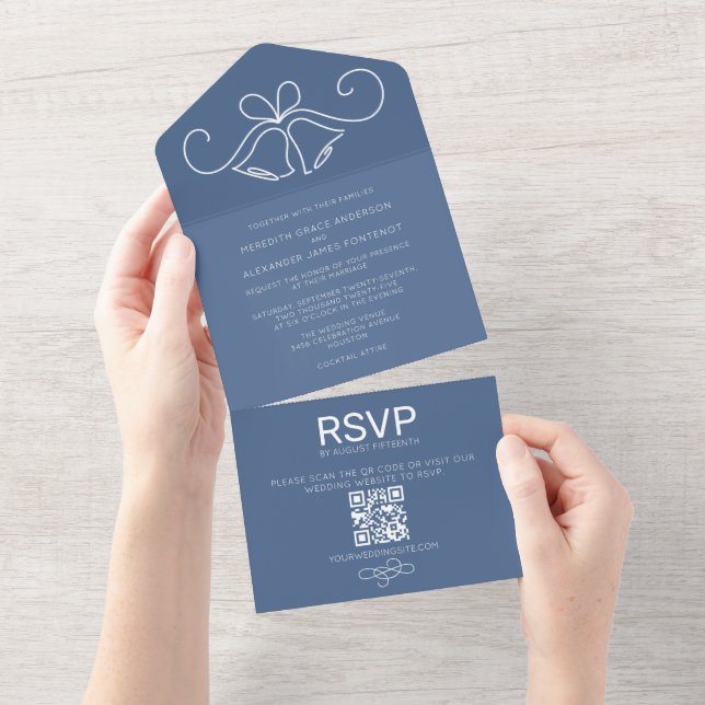 Invitation Tout En Un Dusty Blue QR Code Mariage RSVP (Déchirure)