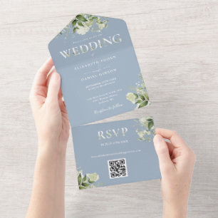Invitation Tout En Un Dusty Blue Rustic Greenery QR Code Mariage
