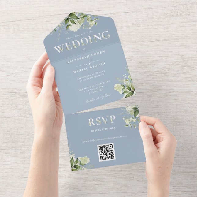 Invitation Tout En Un Dusty Blue Rustic Greenery QR Code Mariage (Déchirure)