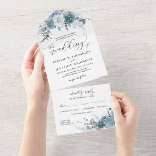 Invitation Tout En Un Dusty Blue Slate Boho Floral Détails Mariage RSVP